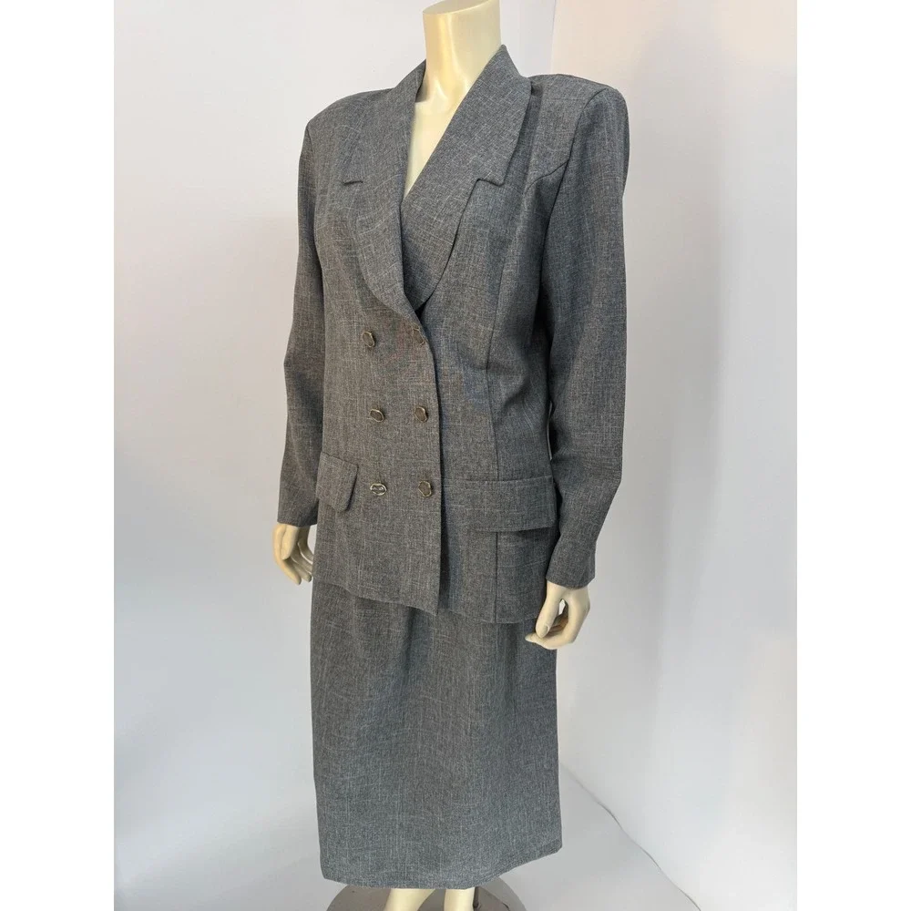 Vintage 80s Prelude Grey Skirt Suit Power Suit Size 16 Bold Shoulder Lightweight